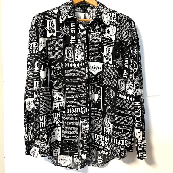 Streetwear Society Tops - Tarot Card Shirt Loose Palm Reading Astrology Button Up Blouse Long Sleeve Top